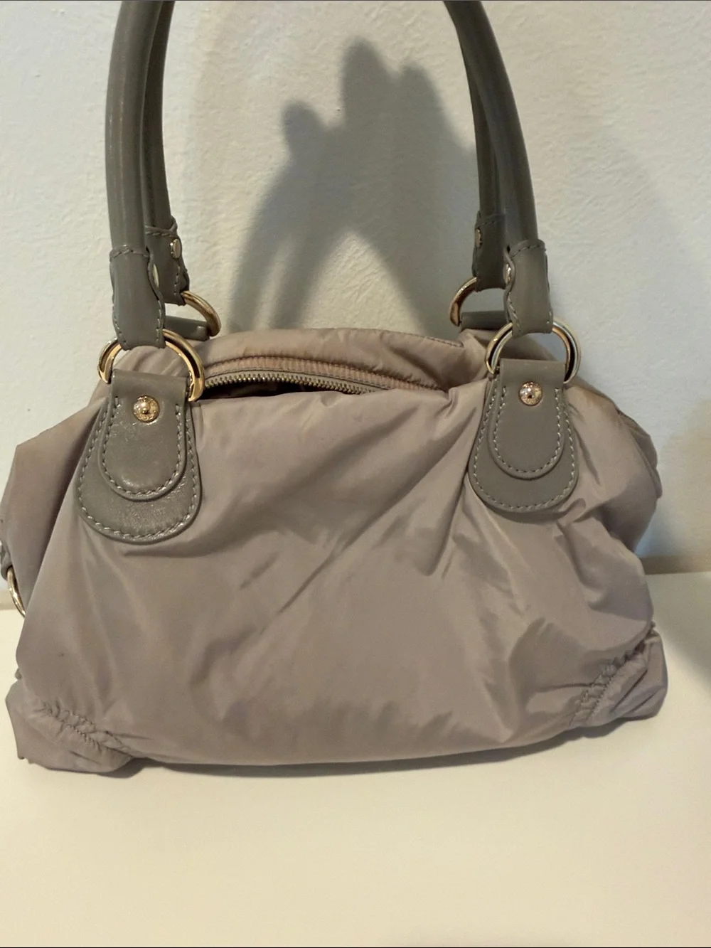 Tod's Taupe Nylon Satchel with Gray Patent Handles
